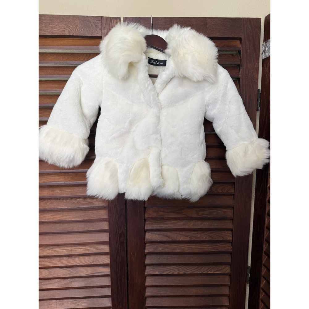 Fashion Kids White Faux Fur Coat Quilted Lining Snap Front Girls 3T